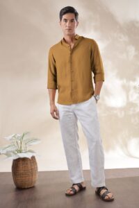 Men's casual outfit featuring a full-sleeve shirt and trousers" "Modern men's ethnic wear with mandarin collar kurta and straight pants" "Men's formal wear with tailored blazer and dress shirt" "Comfortable men's summer outfit with linen shirt and chinos" "Traditional men's festive attire with embroidered kurta and dupatta"